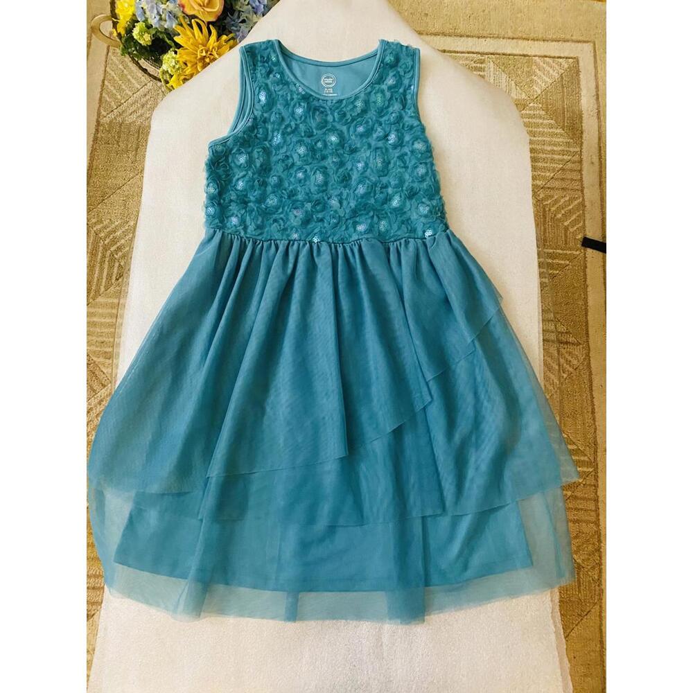 Girls' Teal Blue Floral Sequin Tulle Dress Size 14/16